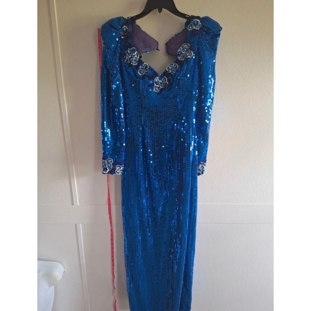Vintage 80s Alyce Designs Royal Blue Sequin Beaded Keyhole Gown Maxi 4 MSRP 350+